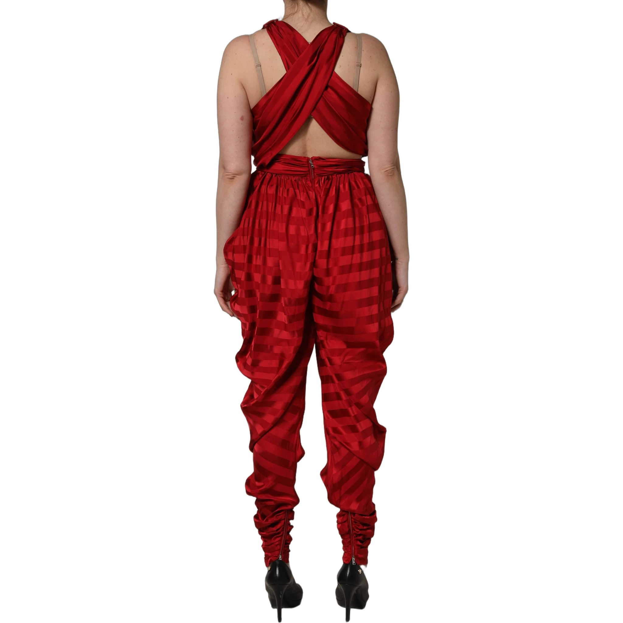 Red Plunging HalterNeck Draped Jumpsuit Dress