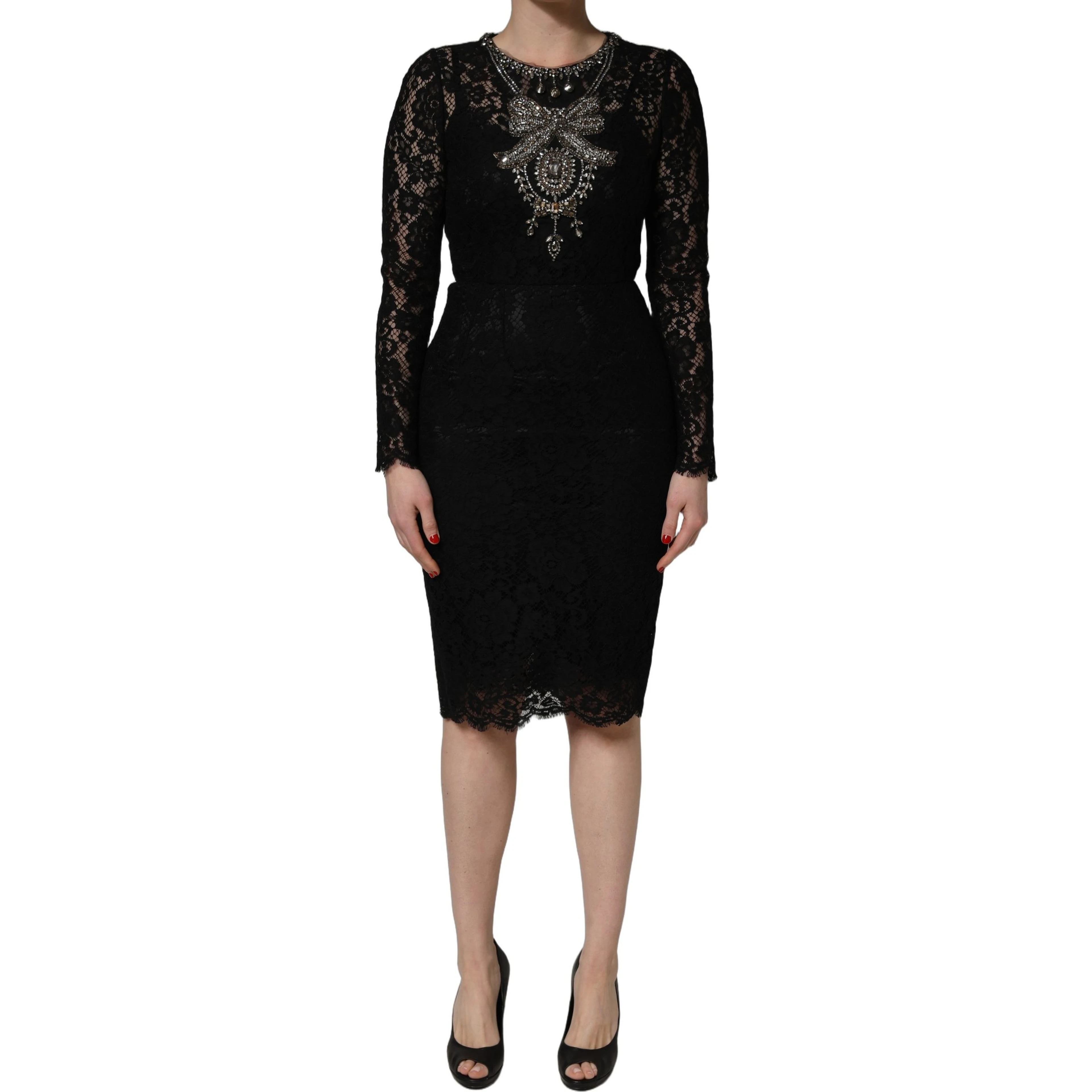 Black Crystal Embellished Sheath Midi Dress