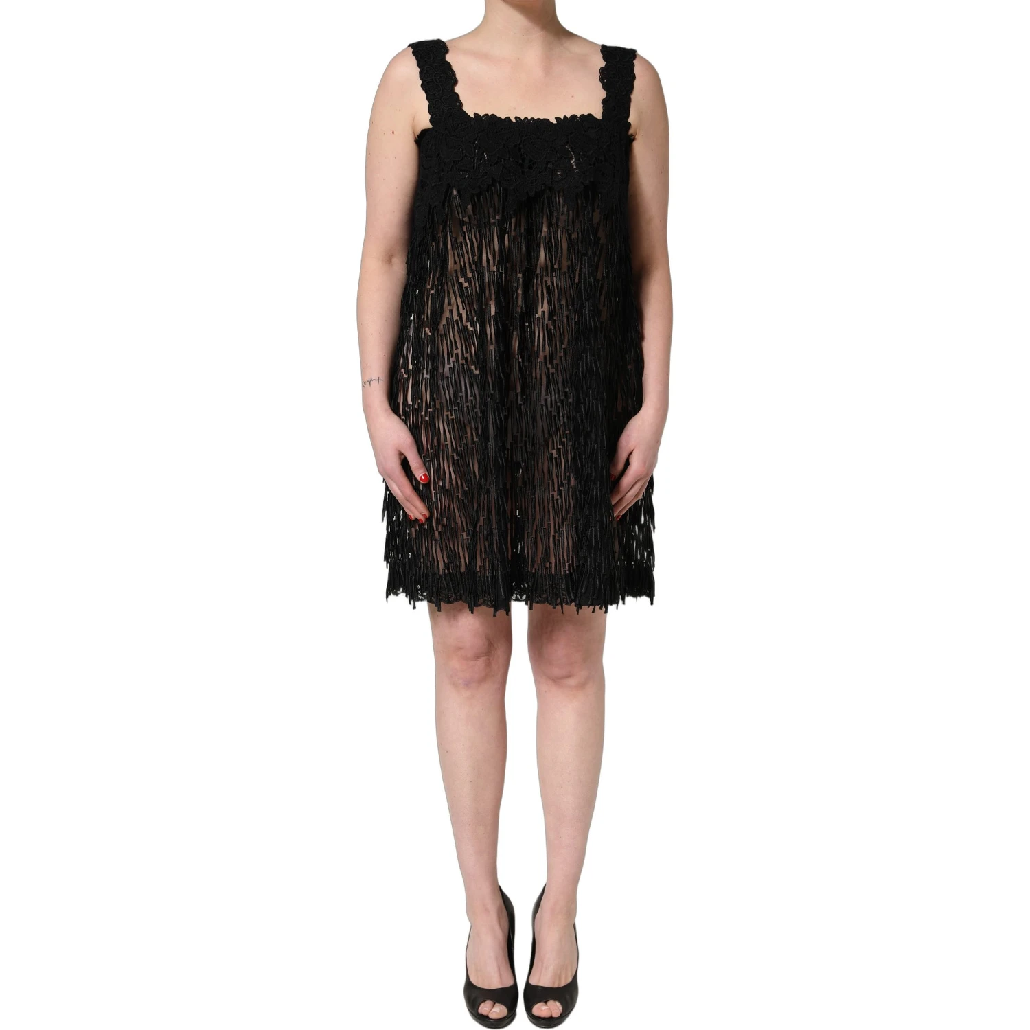 Black Viscose Fringed Sleeveless Mini Dress