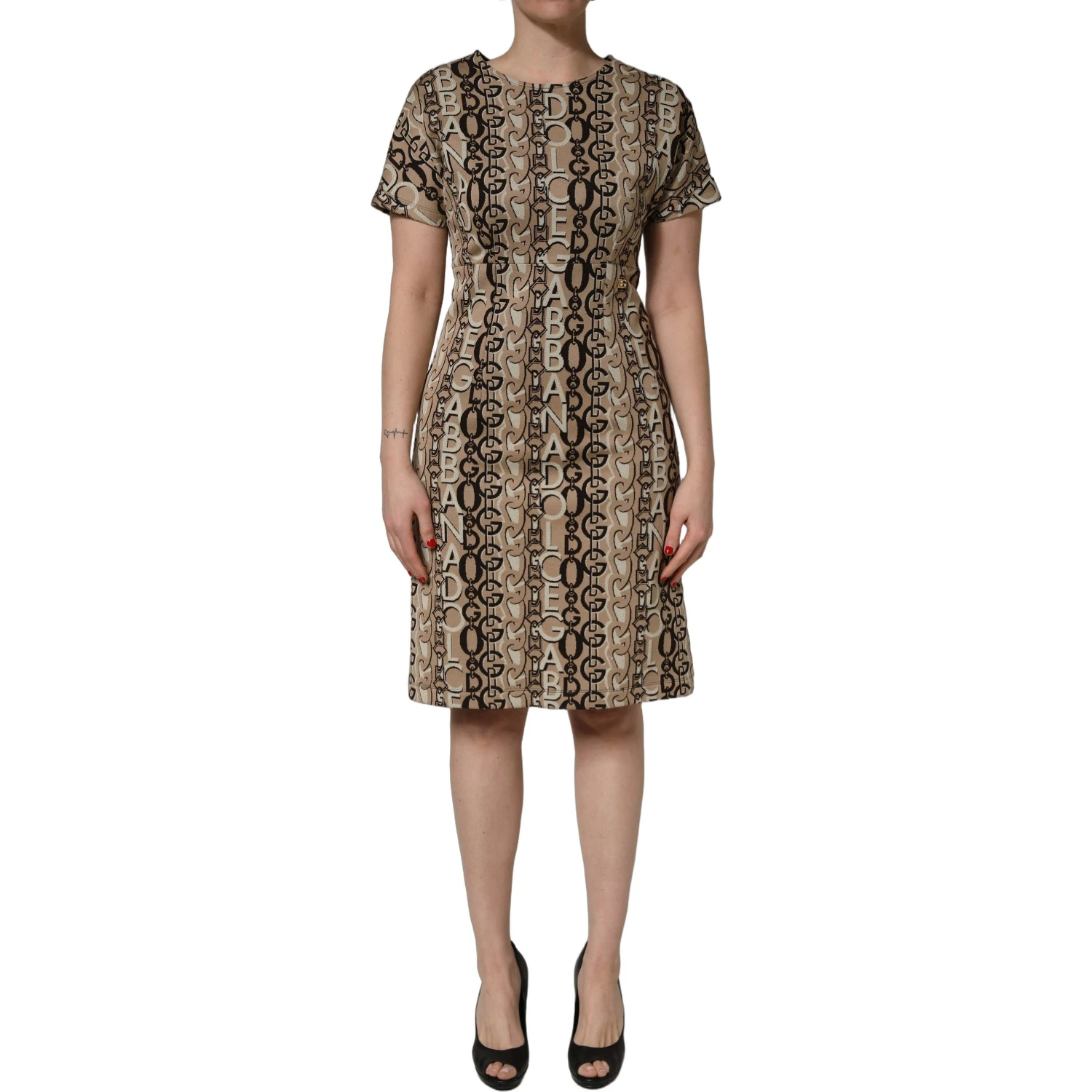 Brown DG Logo Chain Short-Sleeve Sheath Dress
