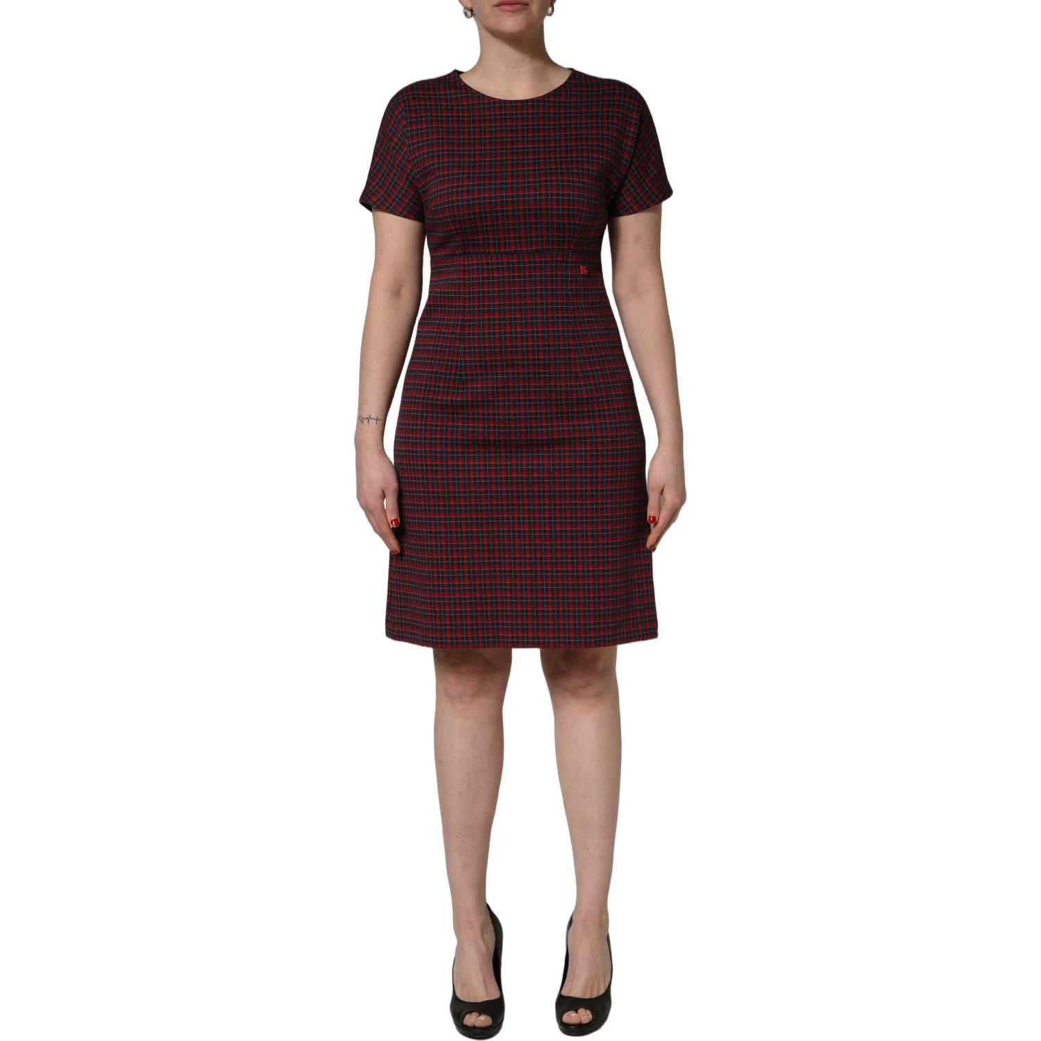 Red Black Checkered ShortSleeve Sheath Dress