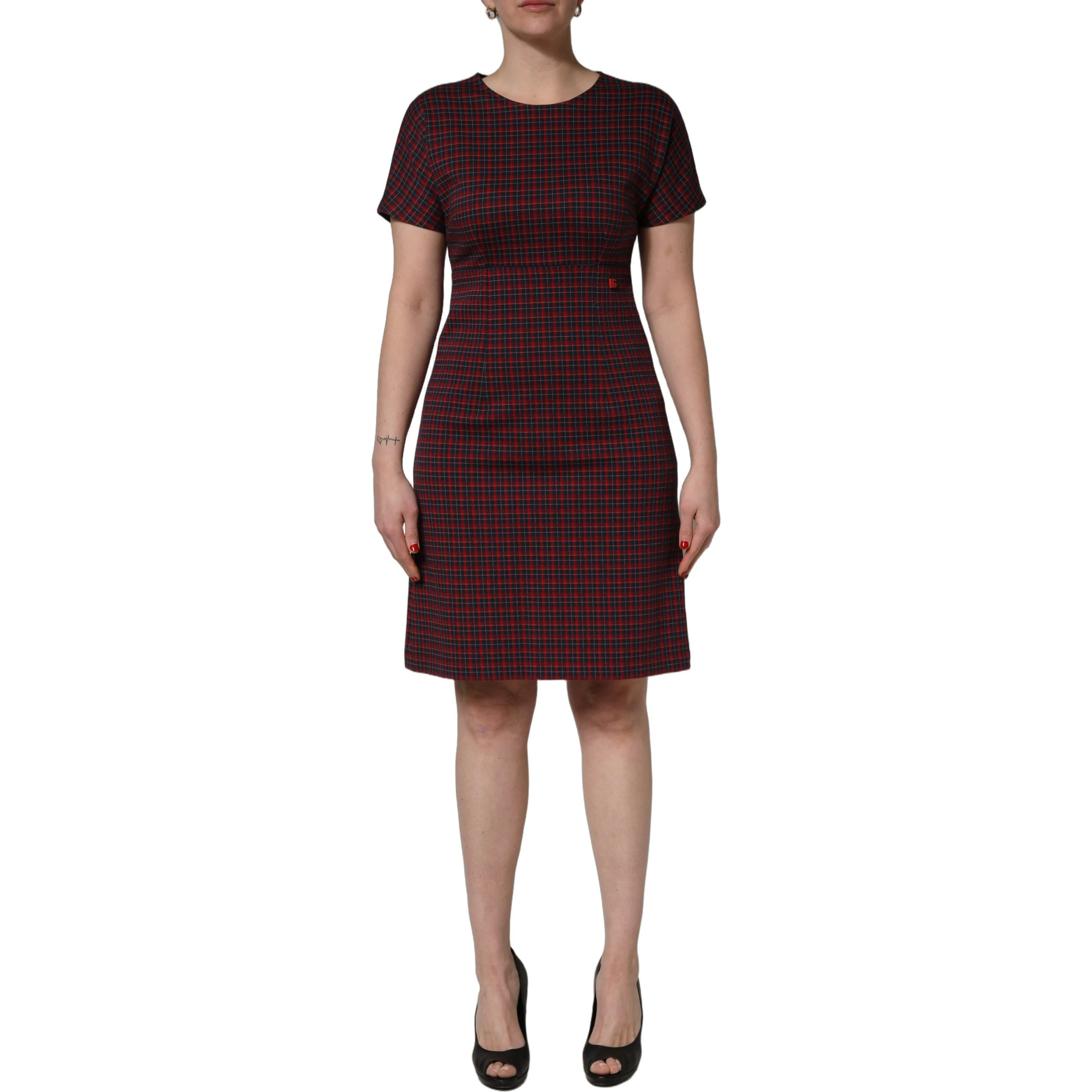 Red Black Checkered ShortSleeve Sheath Dress
