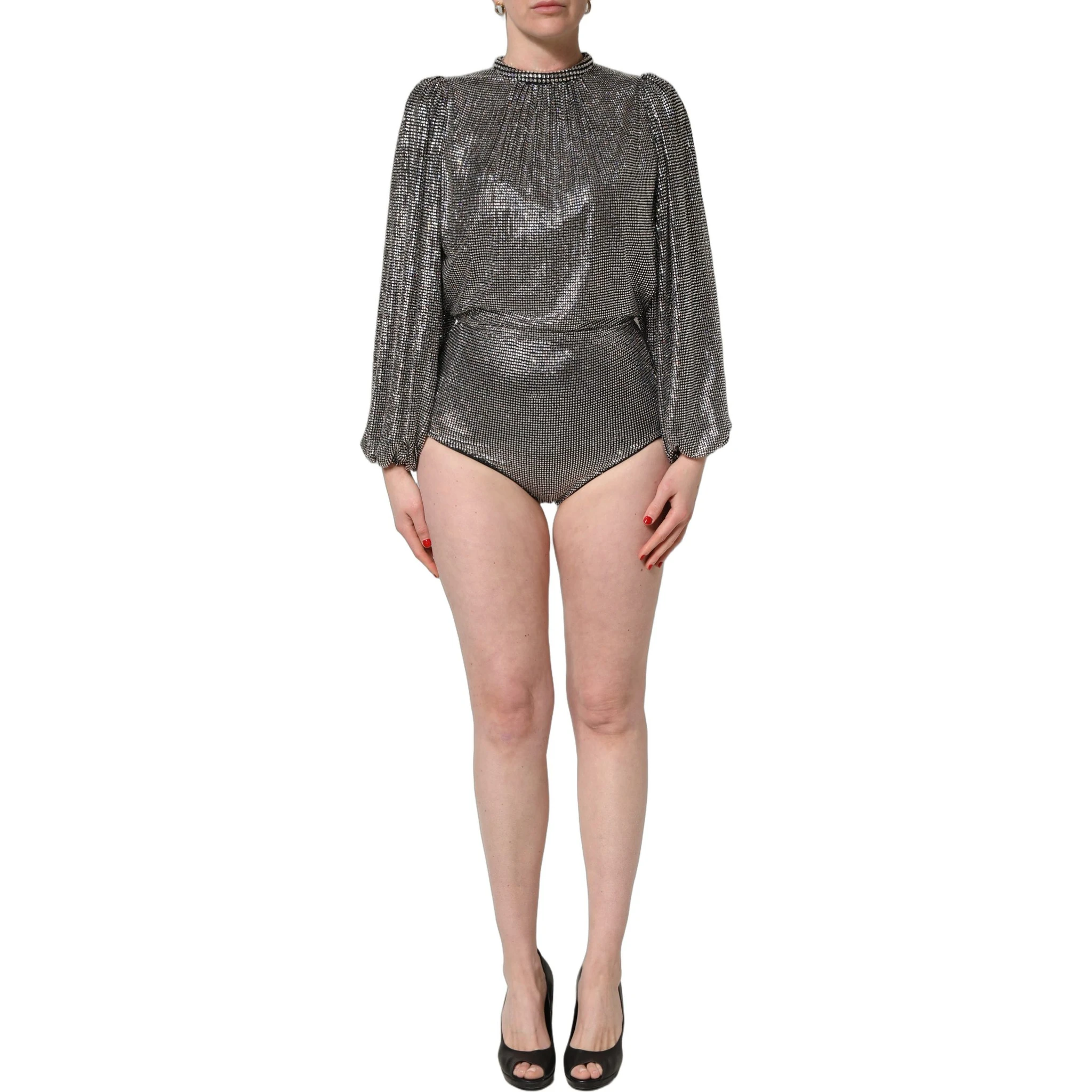Silver Rhinestones Long Sleeves Bodysuit Mini Dress