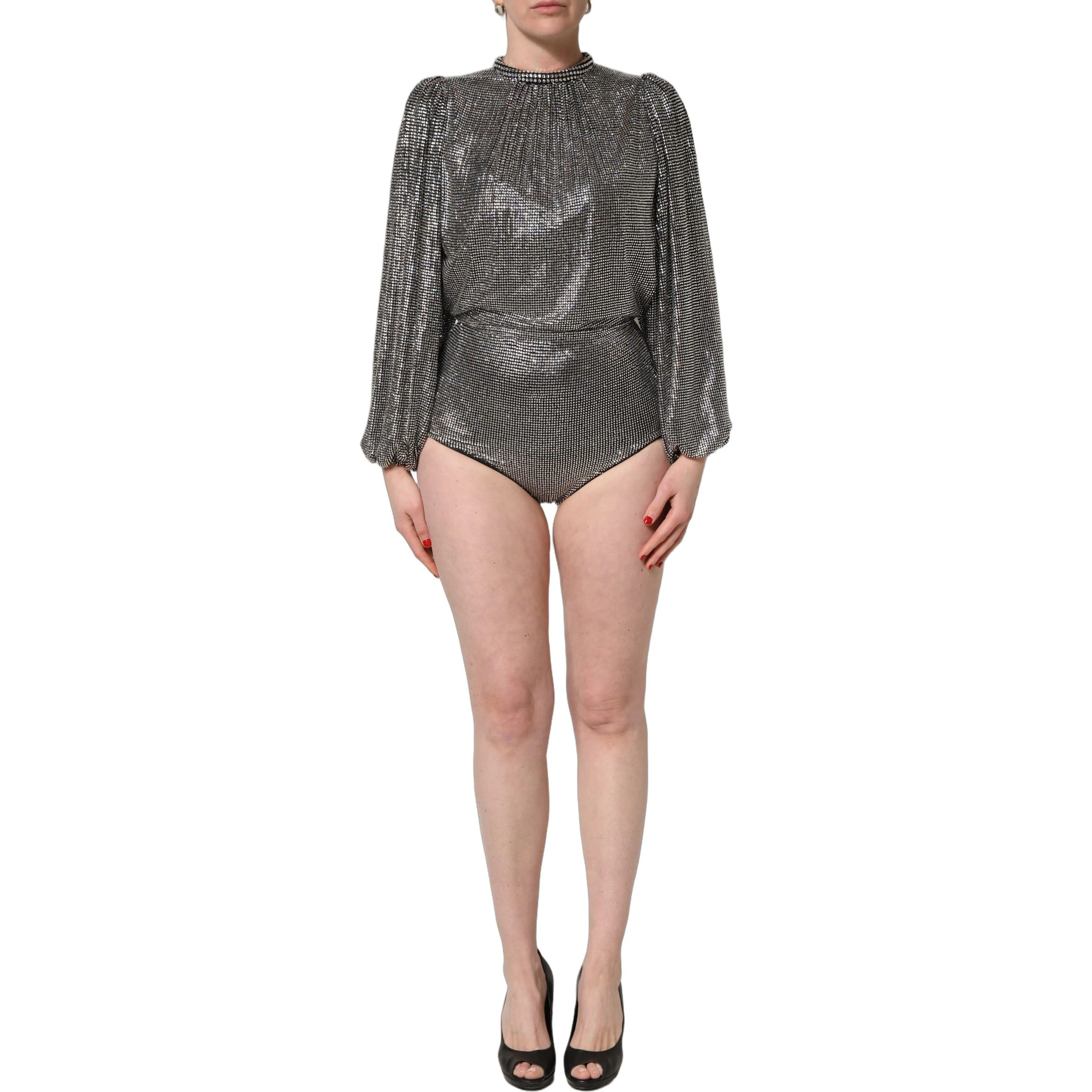 Silver Rhinestones Long Sleeves Bodysuit Mini Dress
