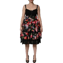 Black Sleeveless Bustier Floral Print Tiered Dress
