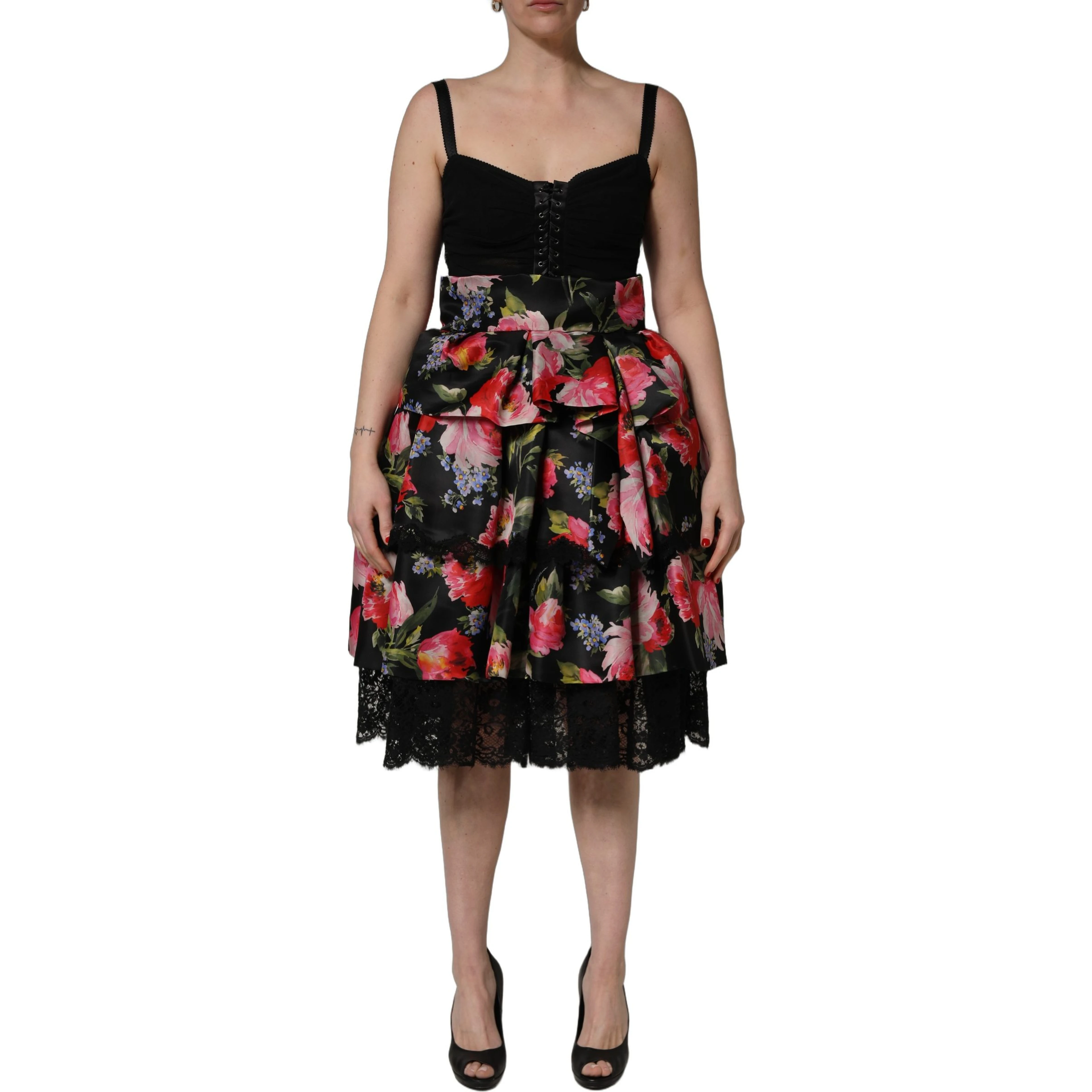Black Sleeveless Bustier Floral Print Tiered Dress