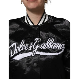 Black Satin Floral Embroidery Bomber Jacket