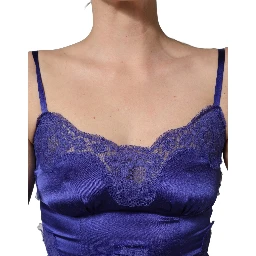 Blue Sleeveless Lace Trim A-line Gown Dress