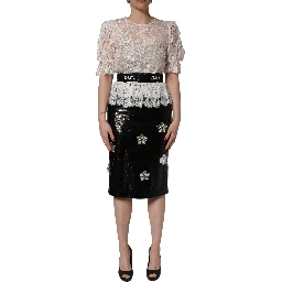 White Lace Top Embellished Black Skirt Dress