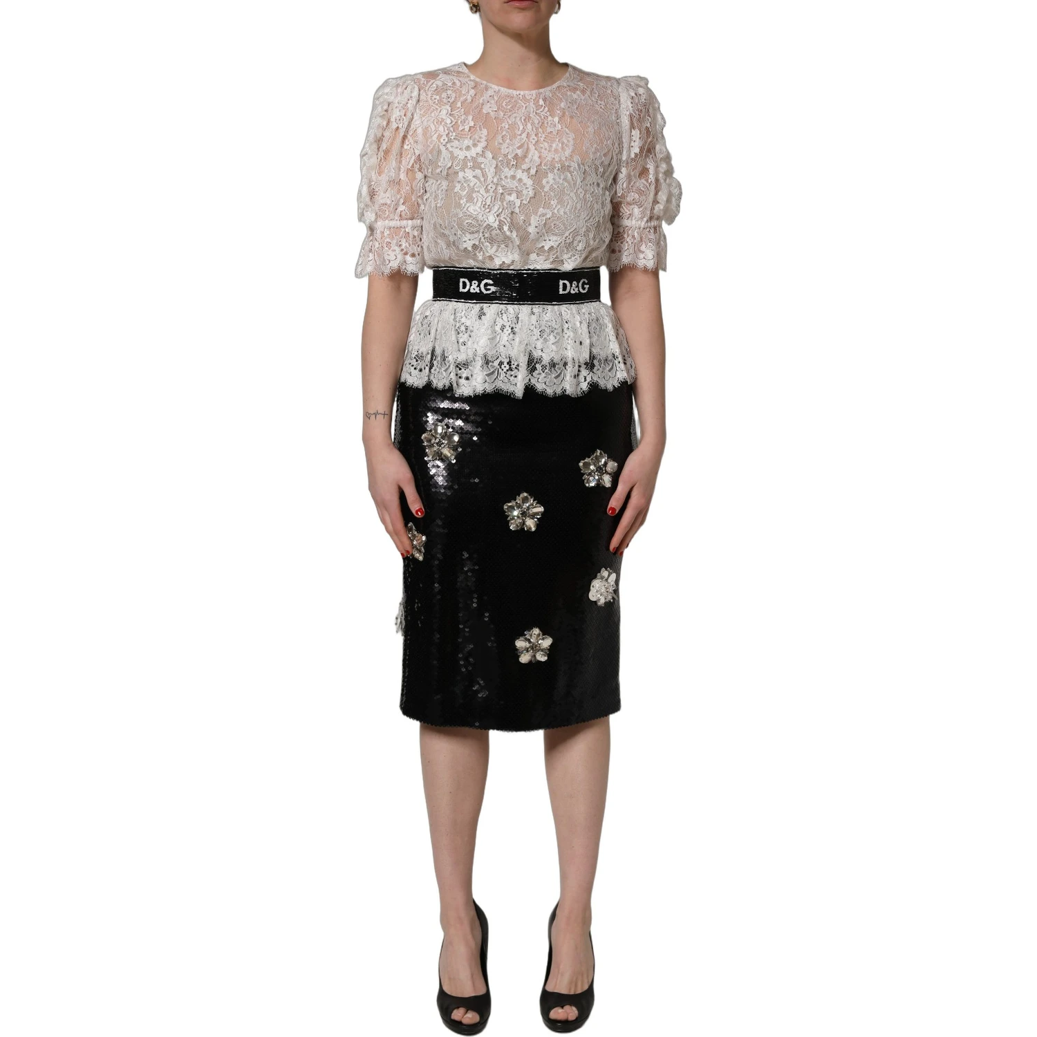 White Lace Top Embellished Black Skirt Dress