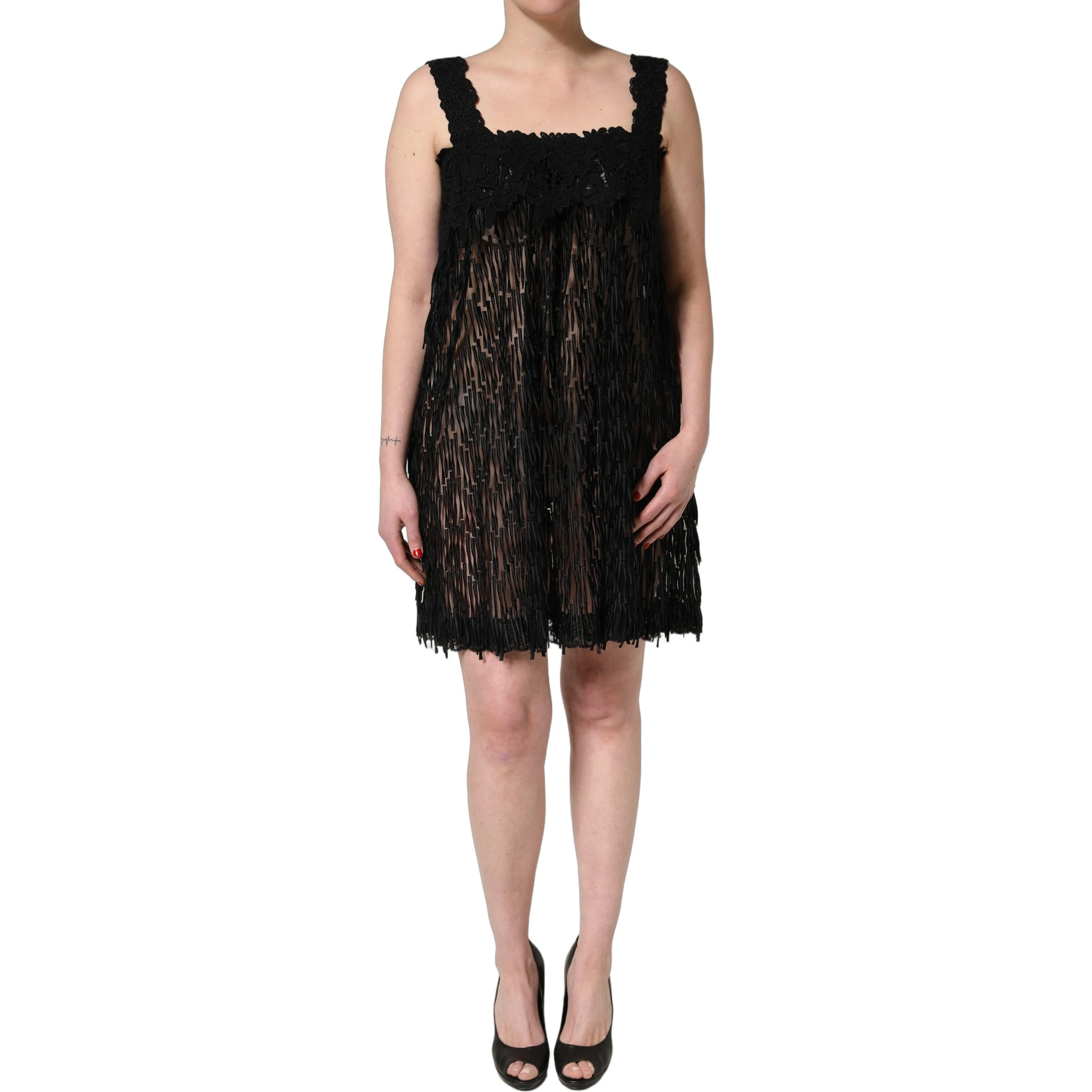 Black Viscose Fringed Sleeveless Mini Dress