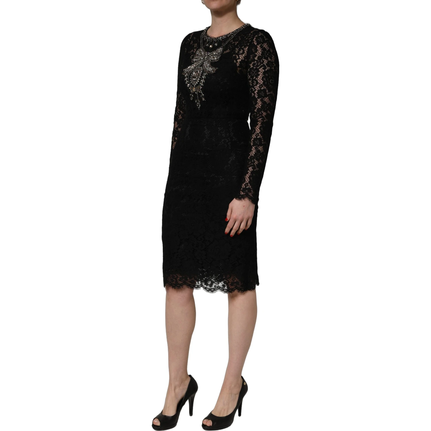 Black Crystal Embellished Sheath Midi Dress