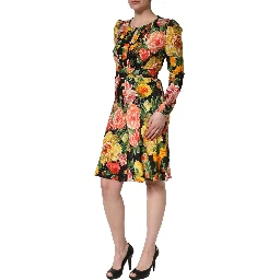 Multicolor Floral Print LongSleeve Midi Dress