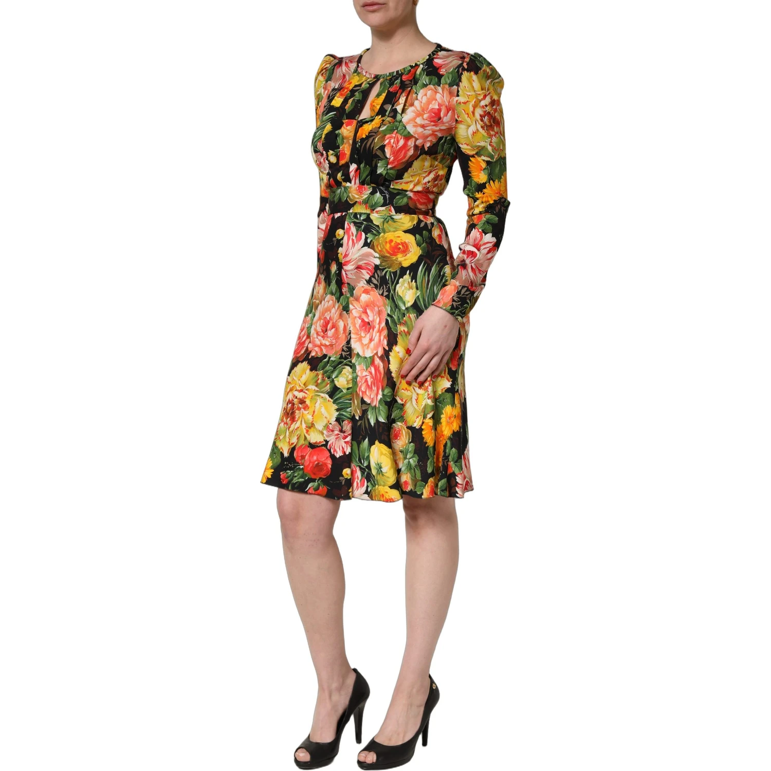 Multicolor Floral Print LongSleeve Midi Dress