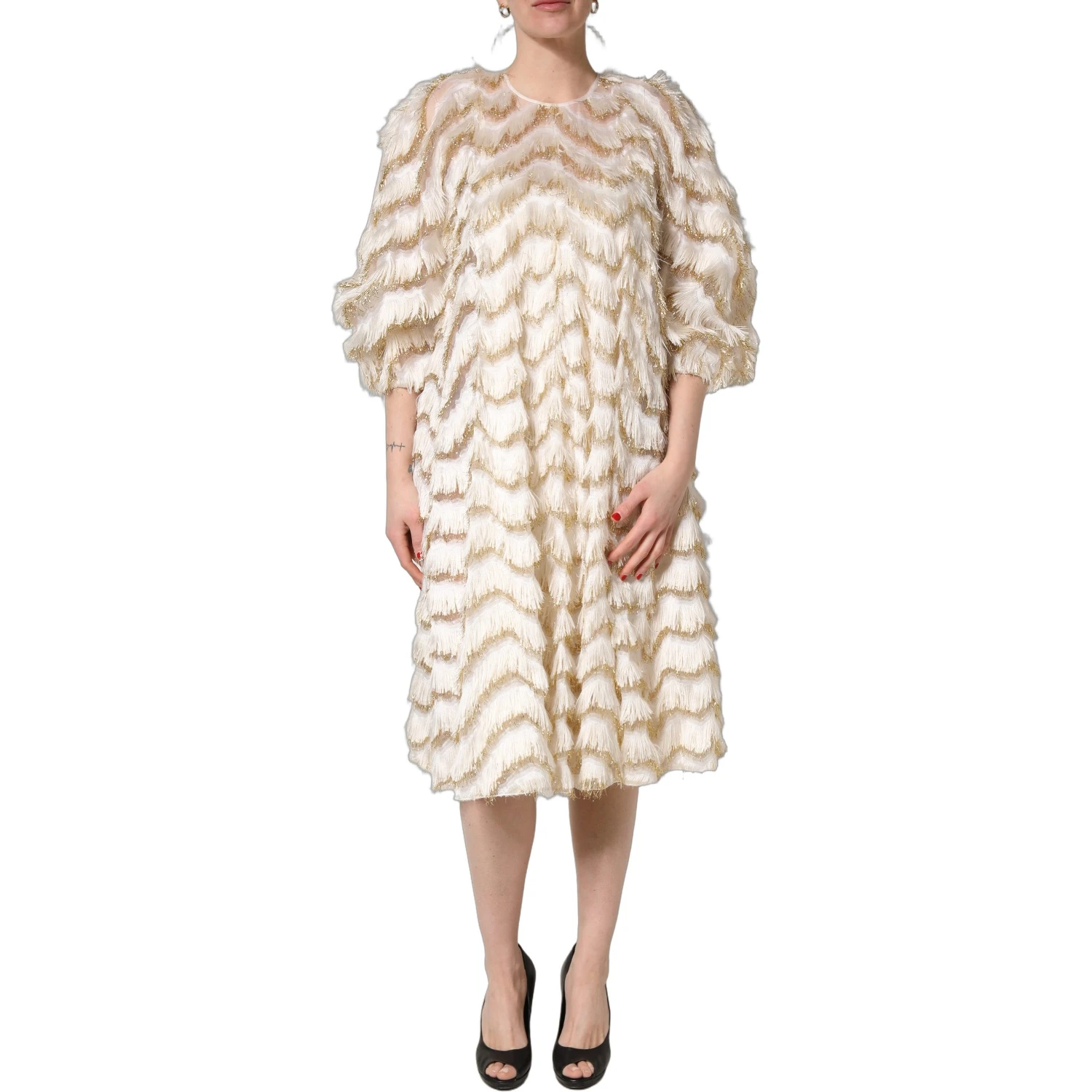 Ivory Fringe Layered Shift Midi Dress