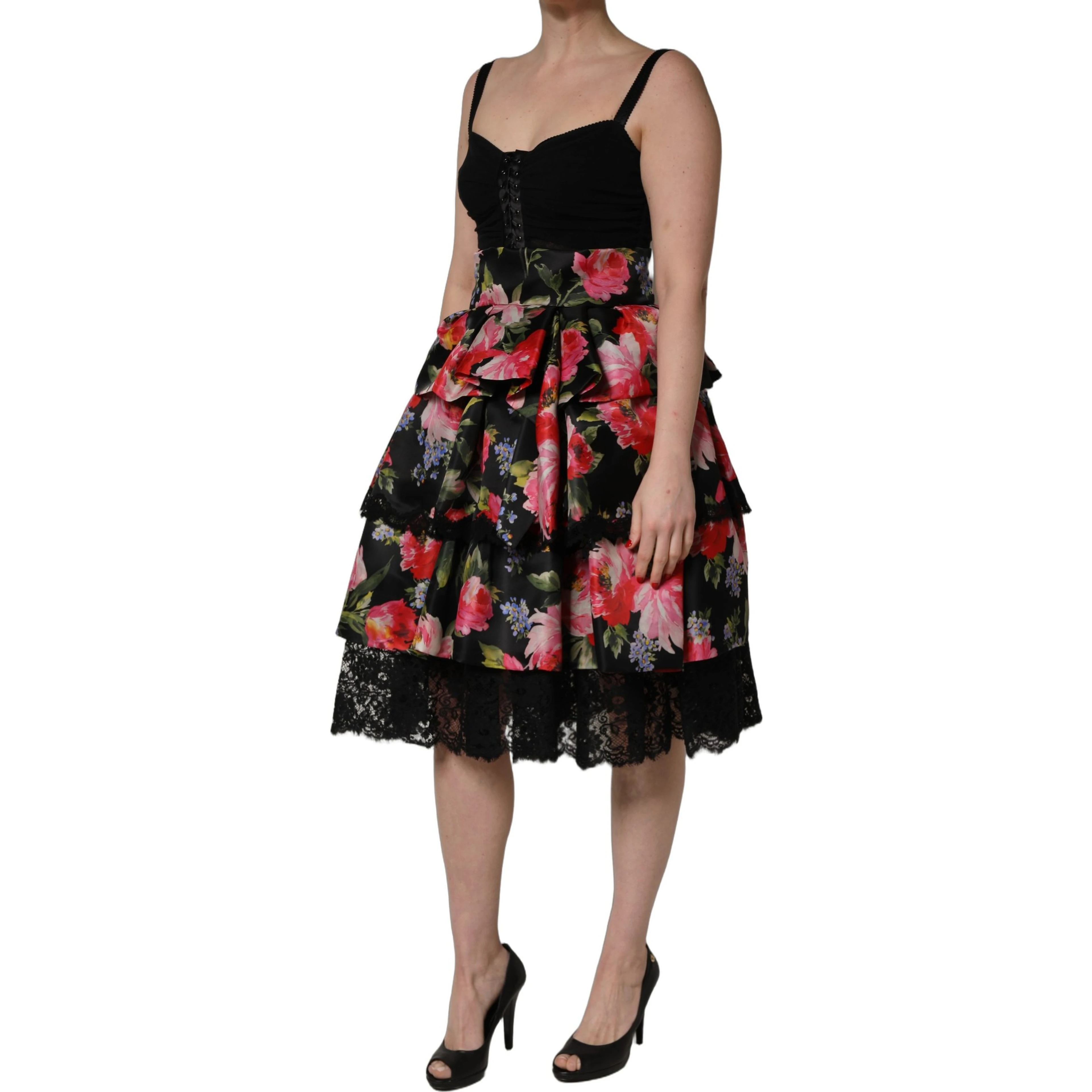 Black Sleeveless Bustier Floral Print Tiered Dress