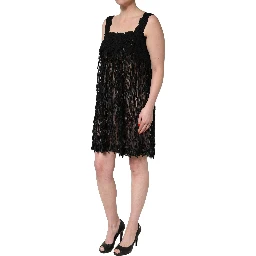 Black Viscose Fringed Sleeveless Mini Dress