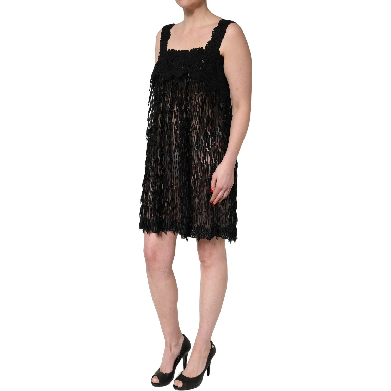 Black Viscose Fringed Sleeveless Mini Dress