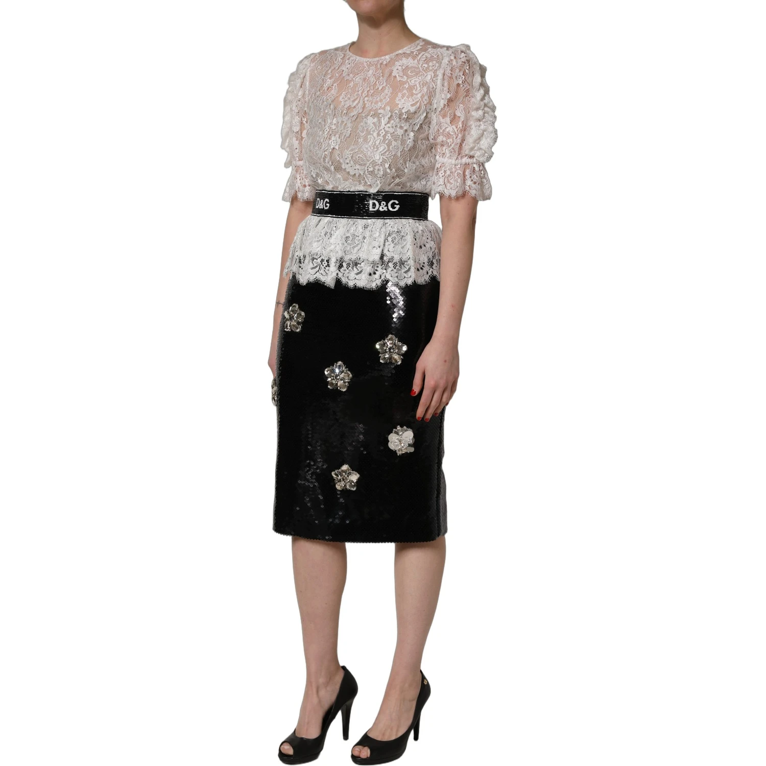 White Lace Top Embellished Black Skirt Dress