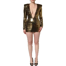 Gold Plunging Neckline Sheath Mini Dress