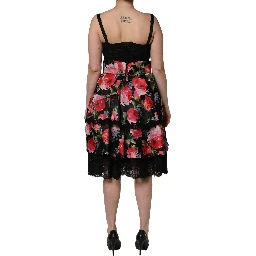 Black Sleeveless Bustier Floral Print Tiered Dress