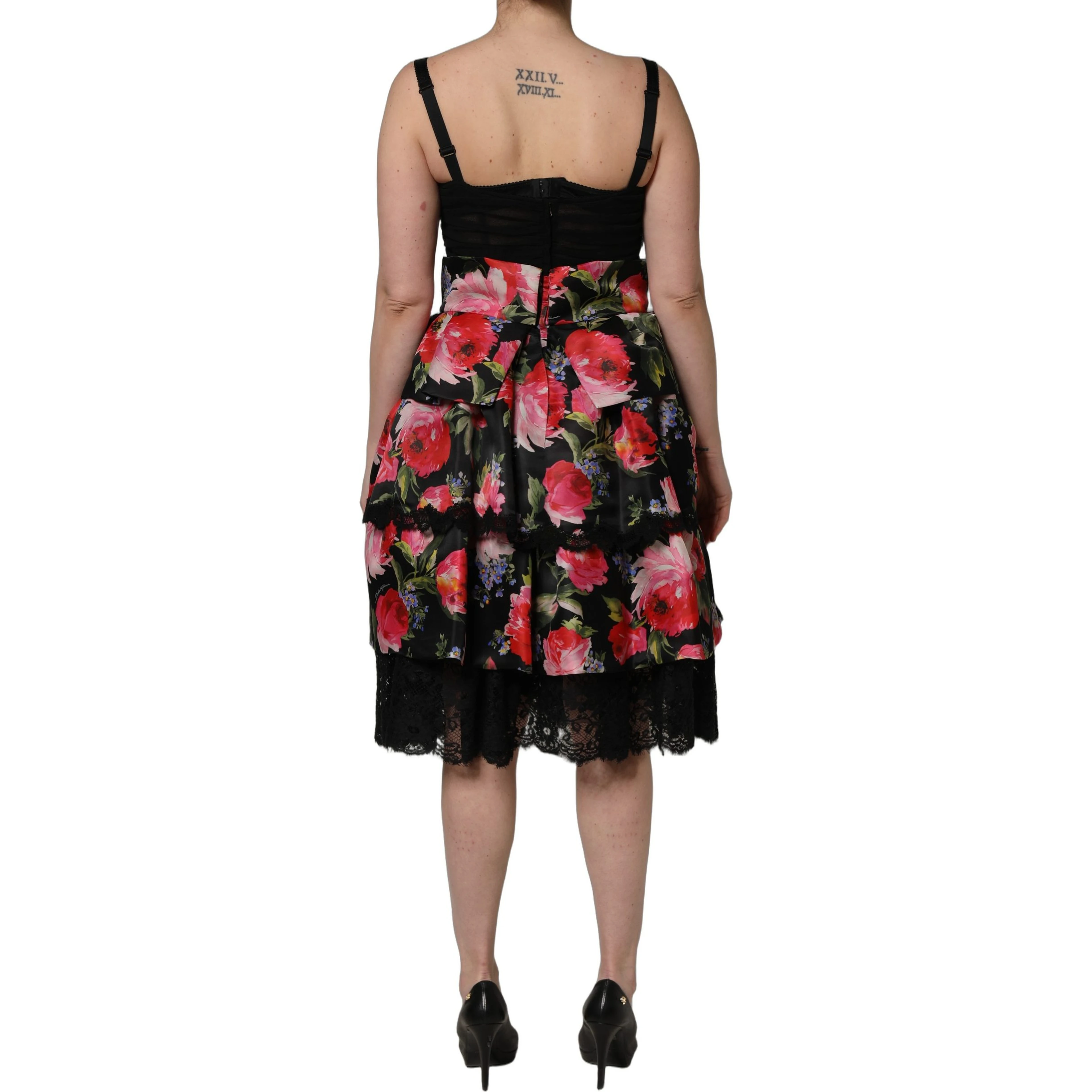Black Sleeveless Bustier Floral Print Tiered Dress