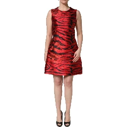 Red Black Tiger Print Jacquard Flared Dress
