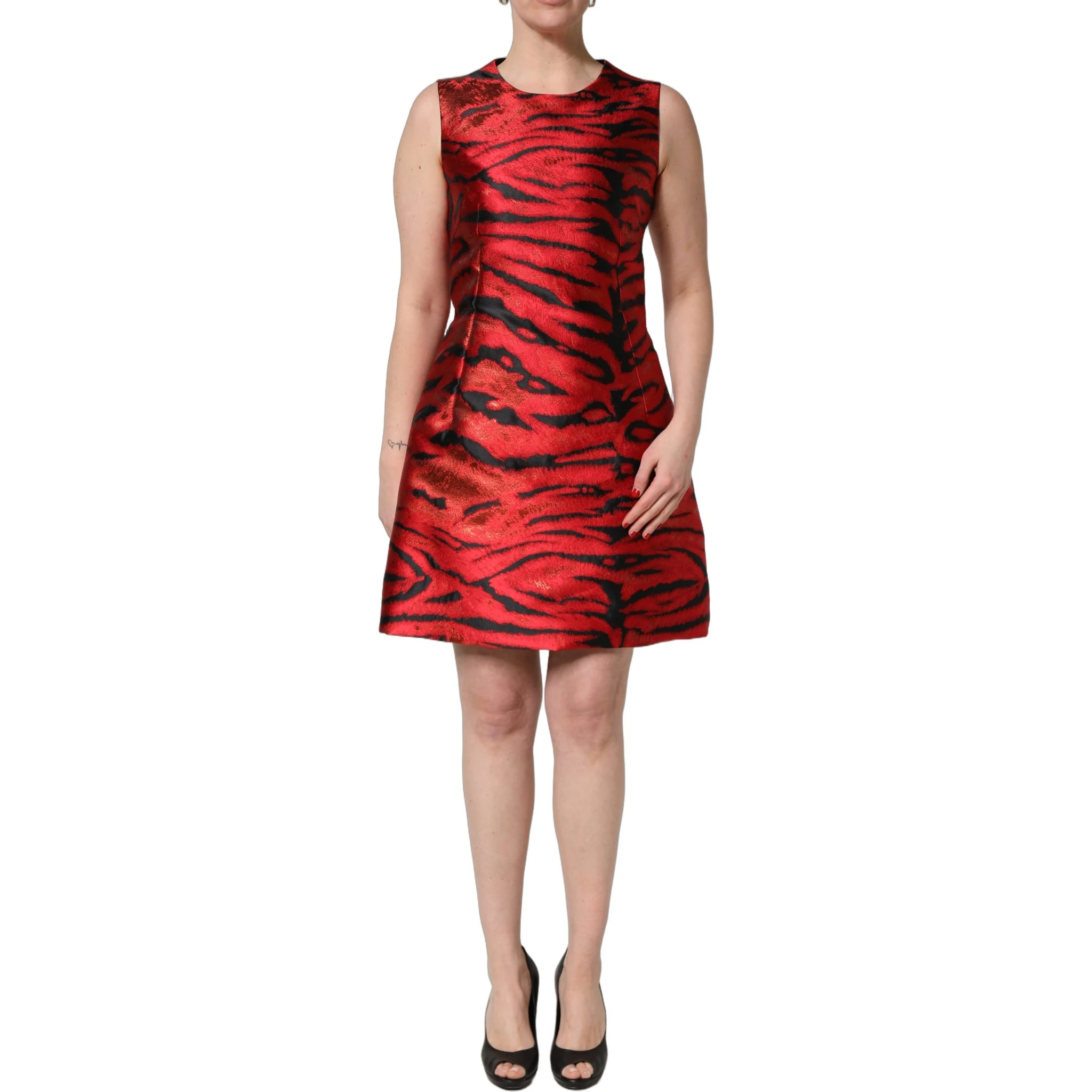 Red Black Tiger Print Jacquard Flared Dress
