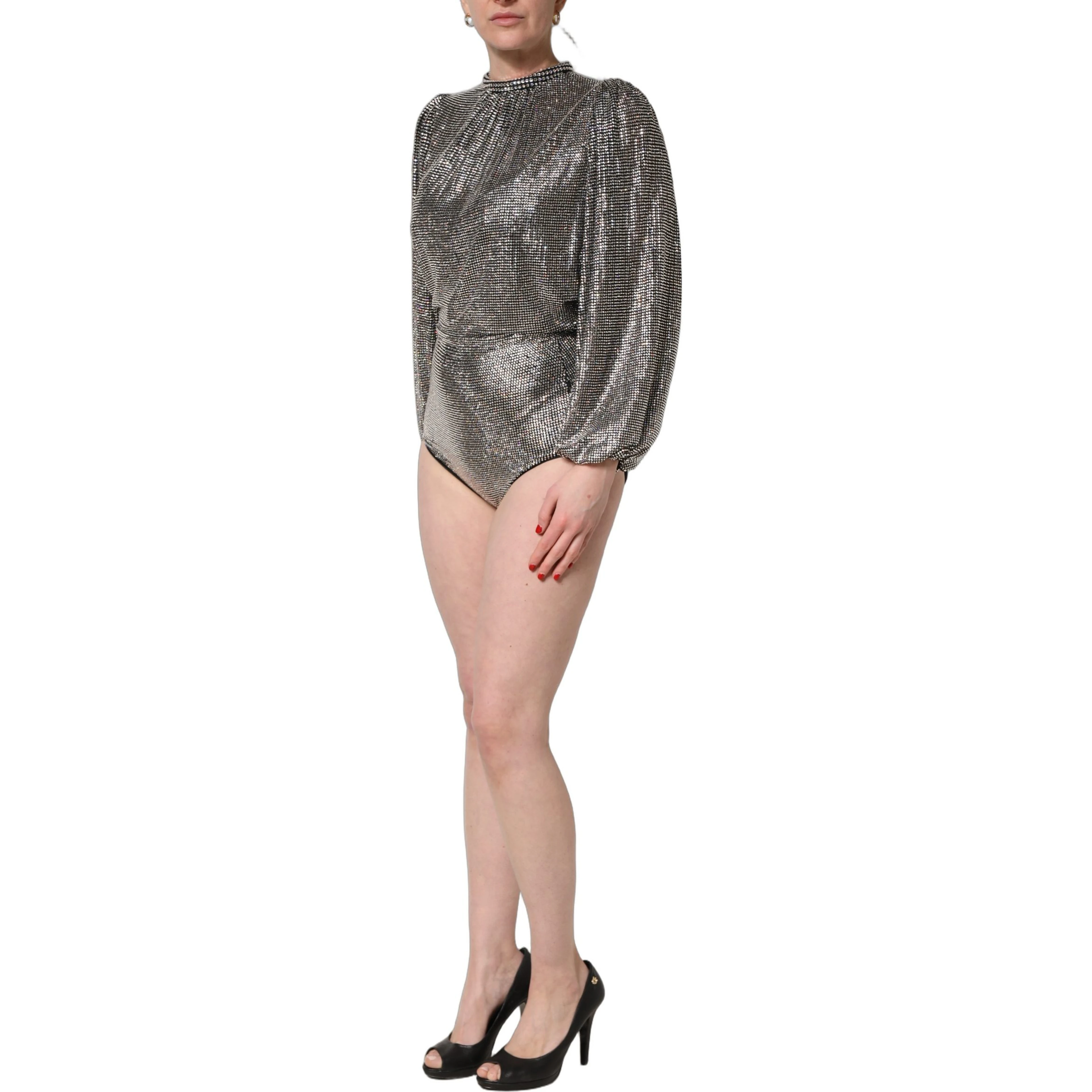 Silver Rhinestones Long Sleeves Bodysuit Mini Dress