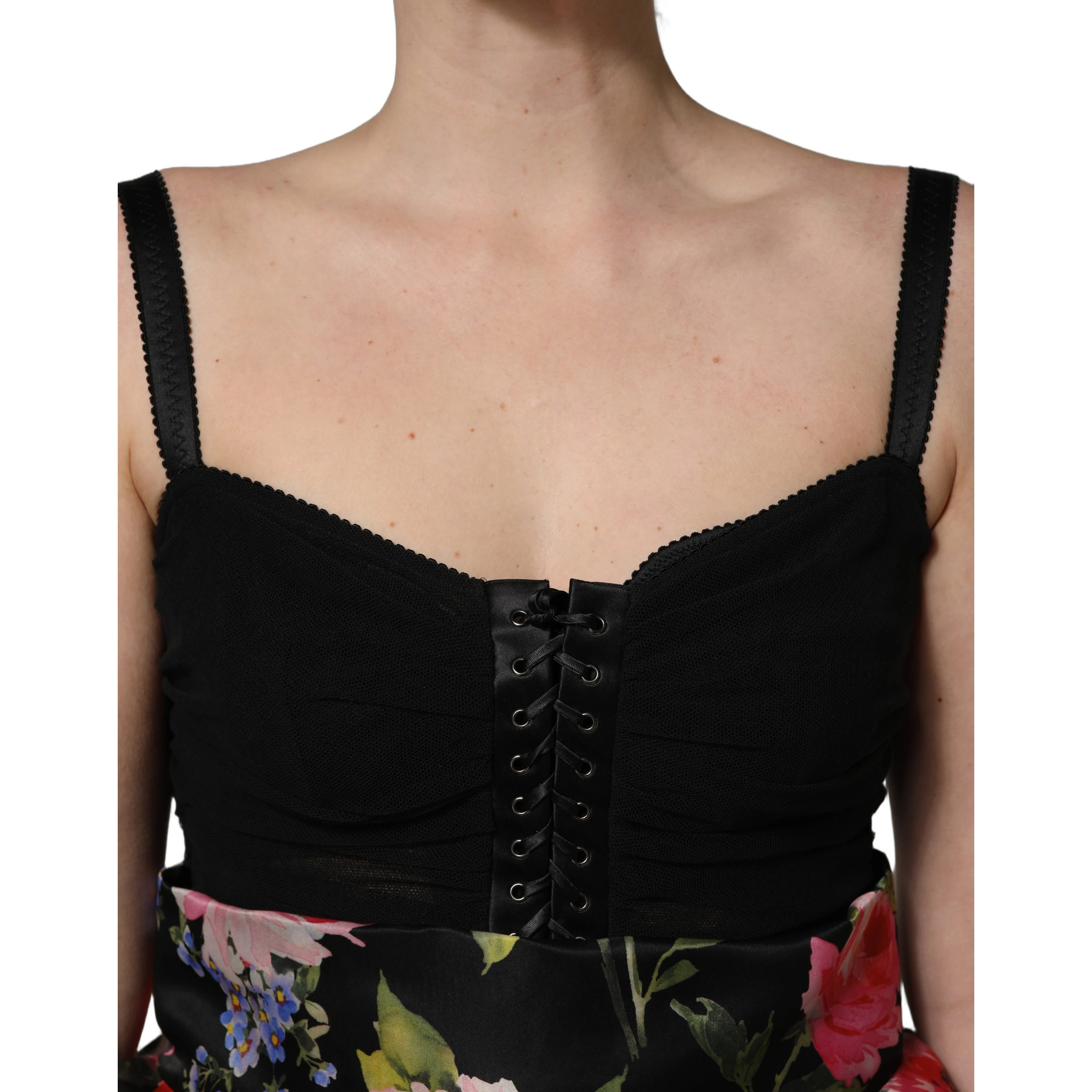 Black Sleeveless Bustier Floral Print Tiered Dress