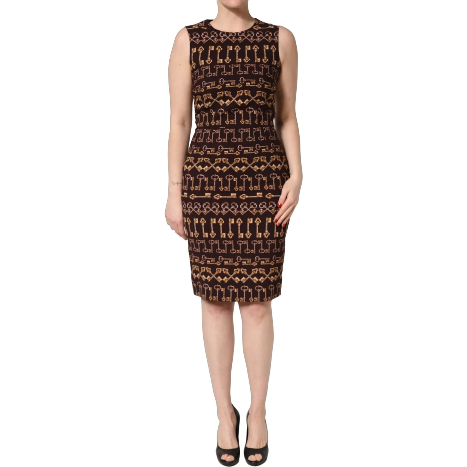 Brown Keys Fitted Sheath Knee Length Dress
