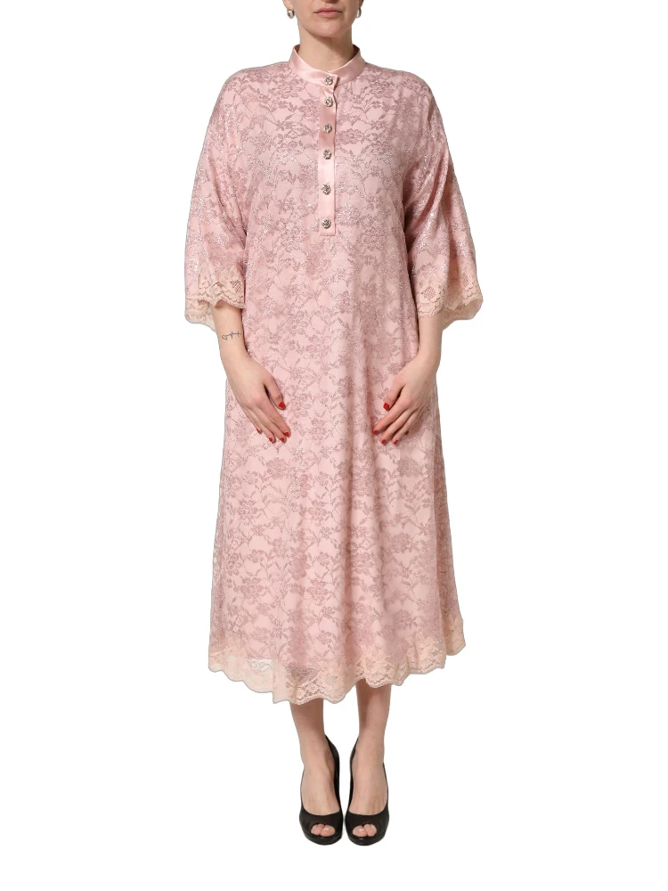 Pink Corded Floral Lace Kaftan Midi Dress