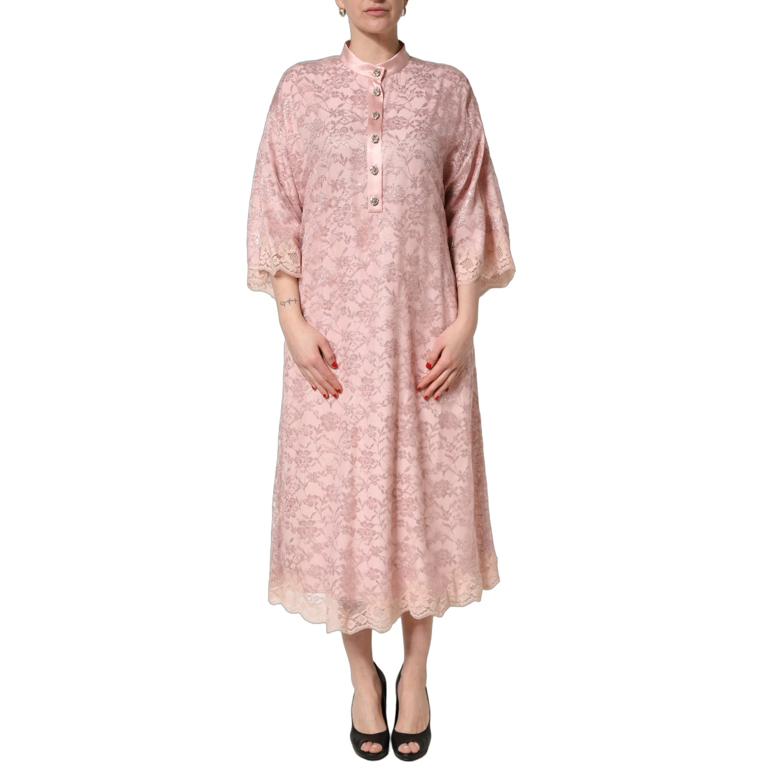 Pink Corded Floral Lace Kaftan Midi Dress