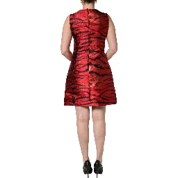 Red Black Tiger Print Jacquard Flared Dress