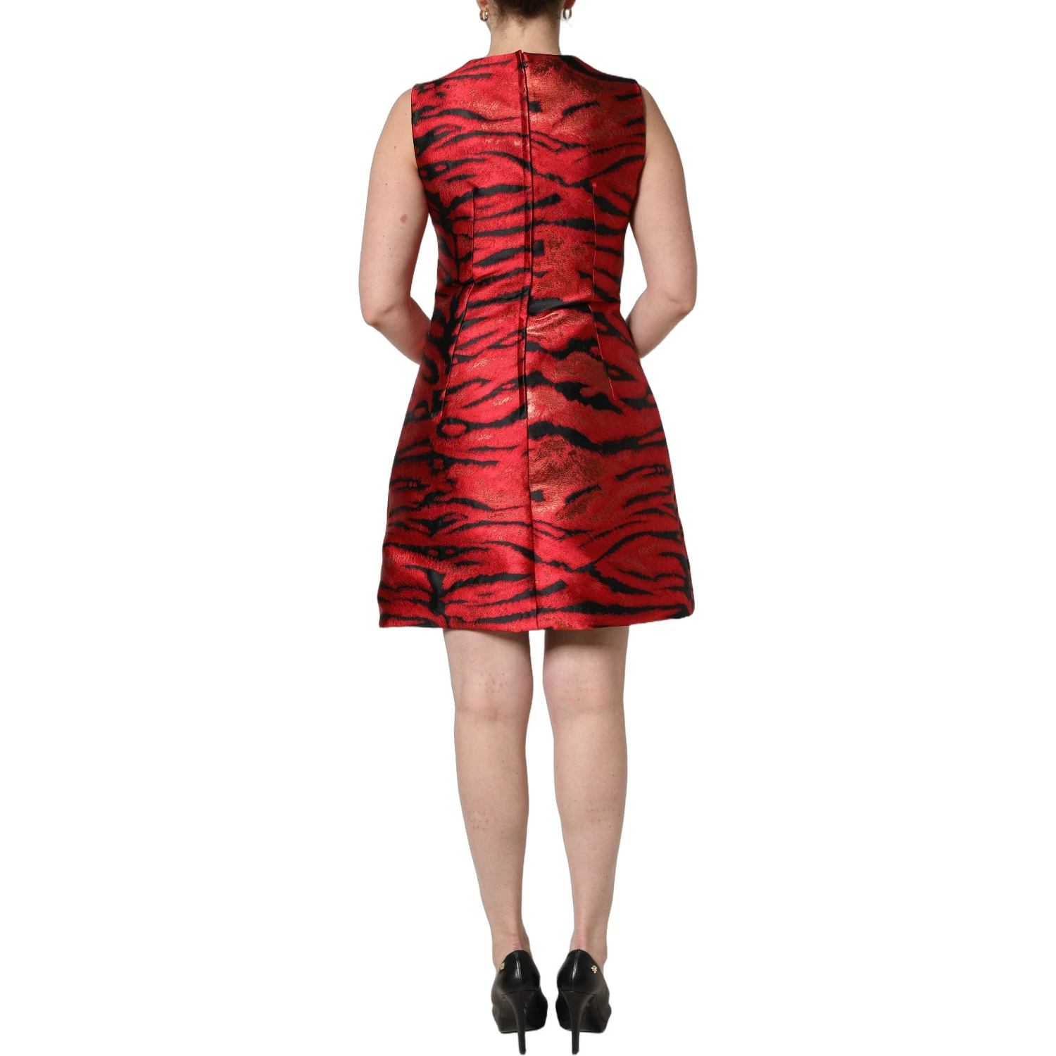 Red Black Tiger Print Jacquard Flared Dress