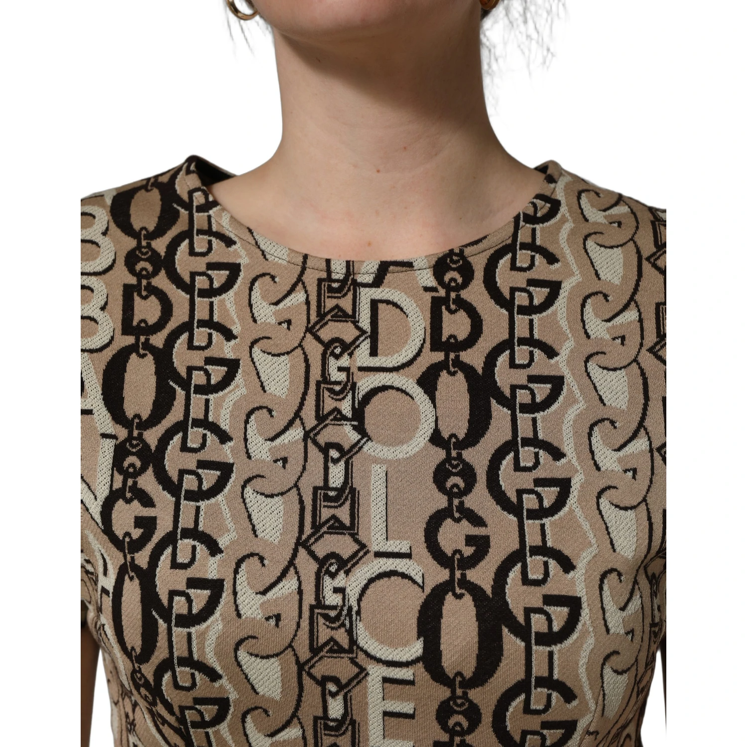Brown DG Logo Chain Short-Sleeve Sheath Dress