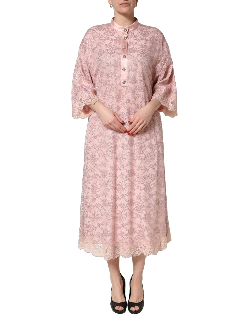 Pink Corded Floral Lace Kaftan Midi Dress