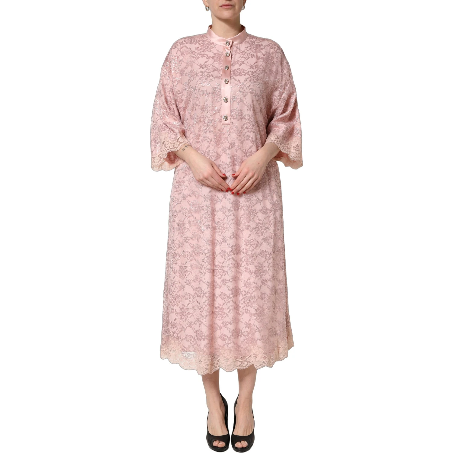 Pink Corded Floral Lace Kaftan Midi Dress