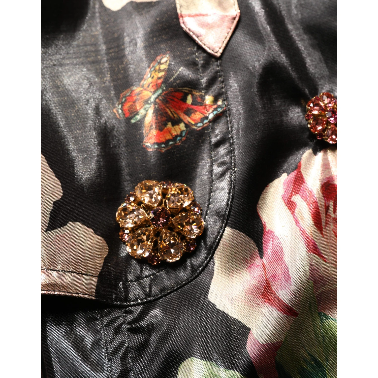 Black Floral Belted Polyester Trench Coat Jacket