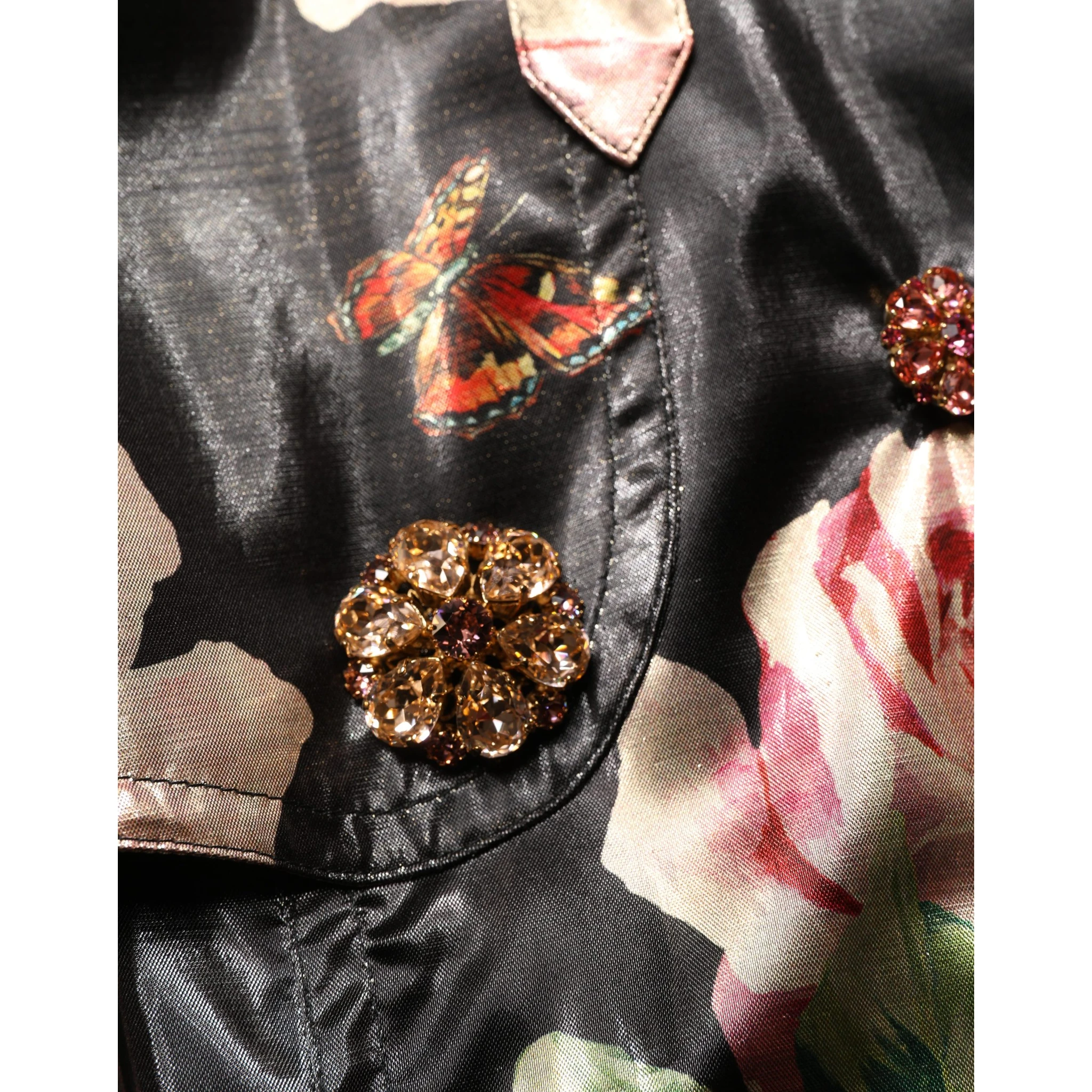 Black Floral Belted Polyester Trench Coat Jacket