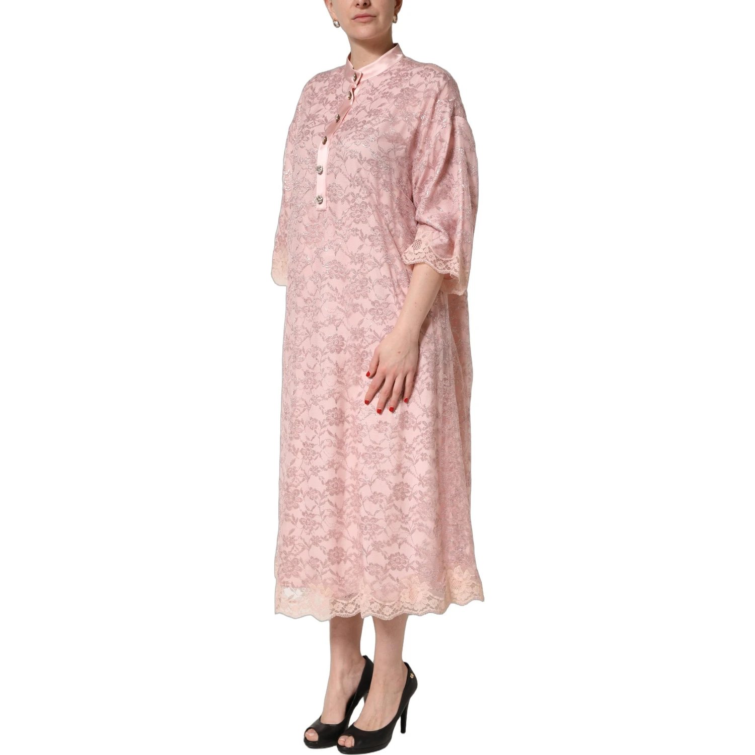 Pink Corded Floral Lace Kaftan Midi Dress