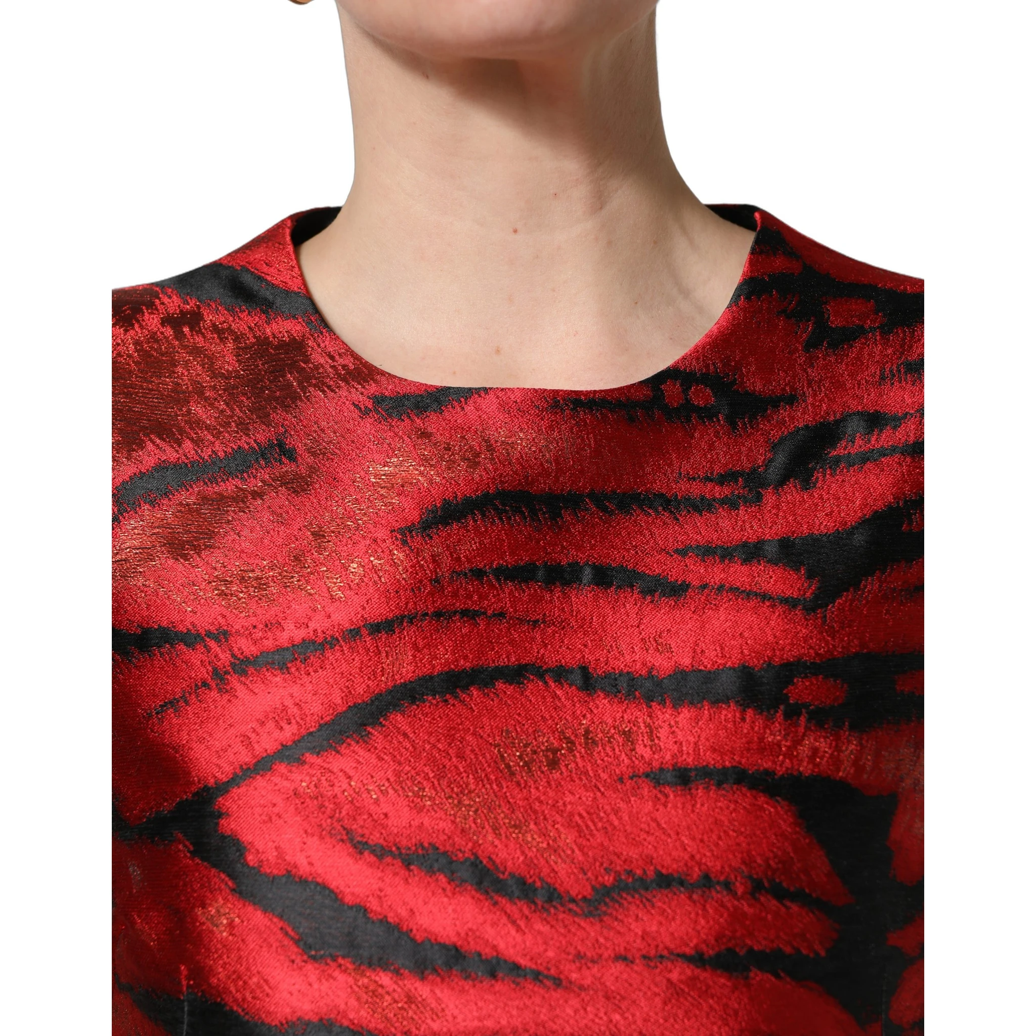 Red Black Tiger Print Jacquard Flared Dress