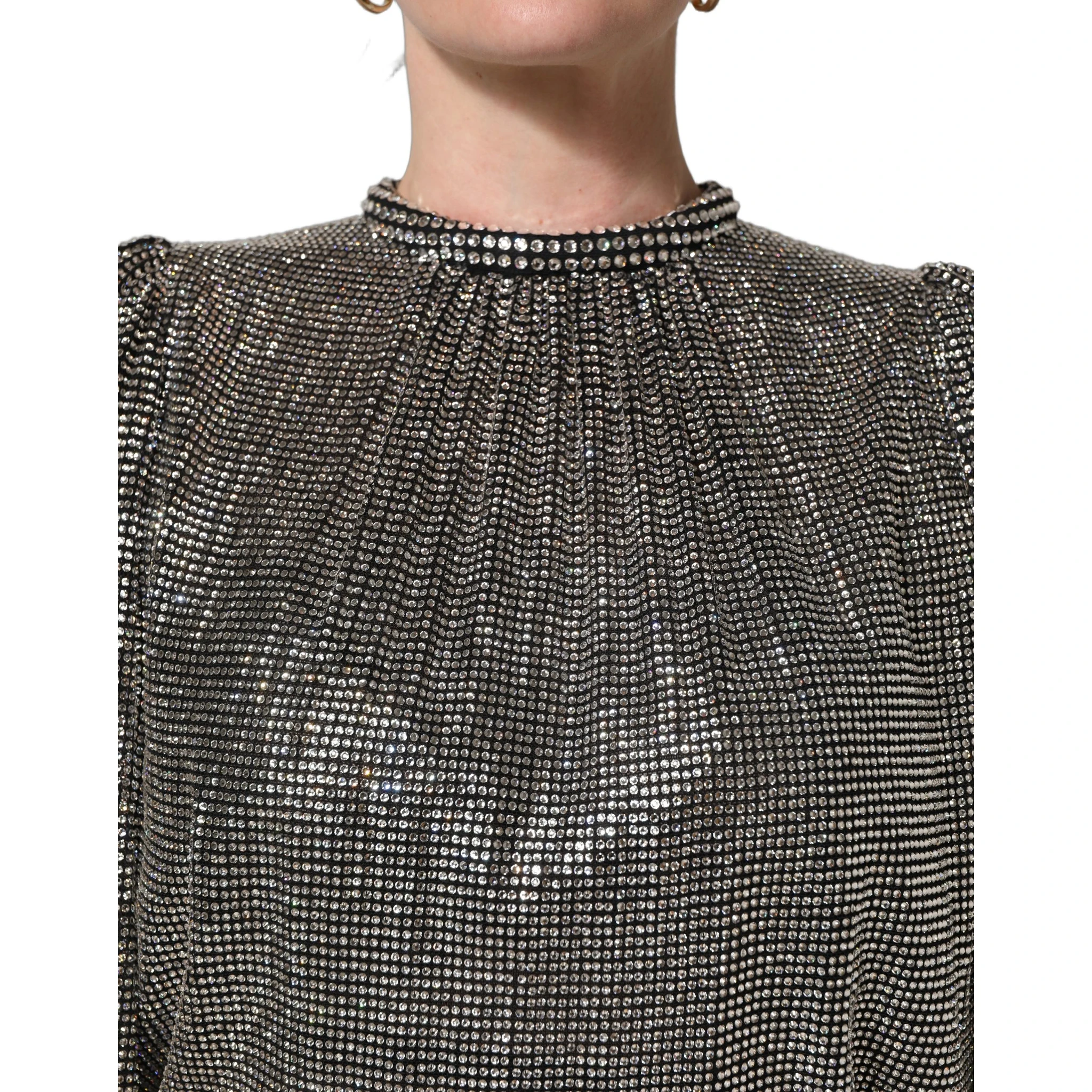 Silver Rhinestones Long Sleeves Bodysuit Mini Dress