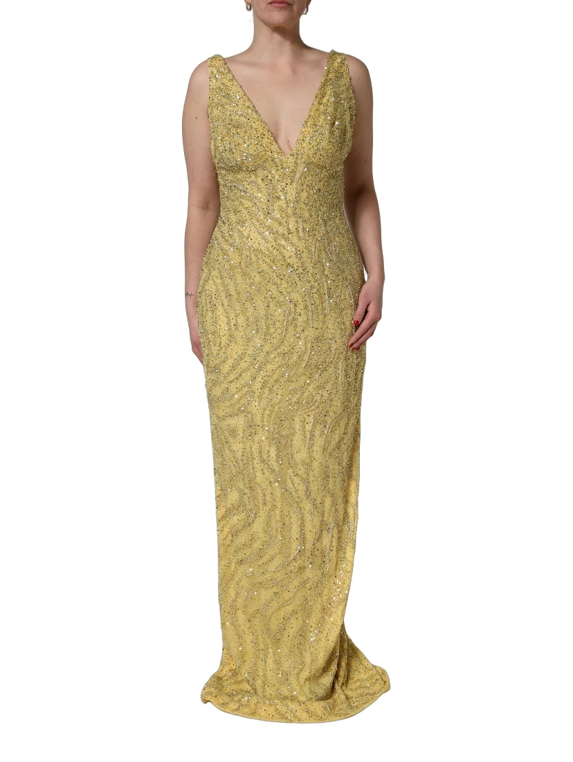 Gold V-neckline Mermaid Sequinned Gown Dress