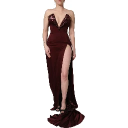 Maroon Embellished Vneck Evening Gown Dress