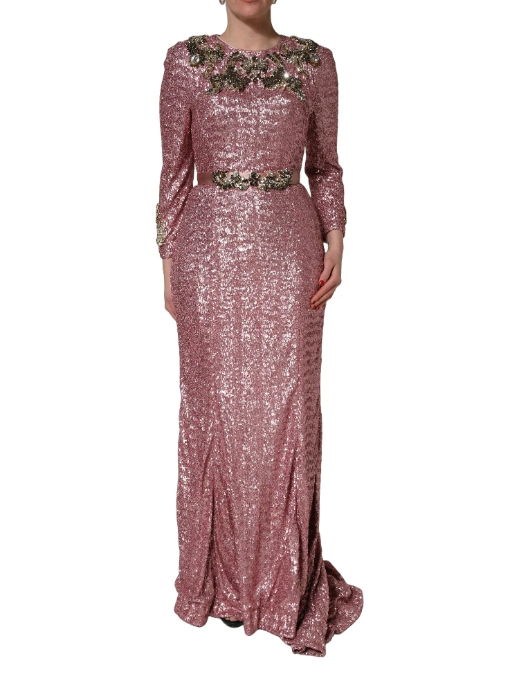 Pink Embellished Sequined Evening Gown Dress