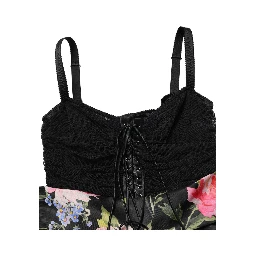 Black Sleeveless Bustier Floral Print Tiered Dress