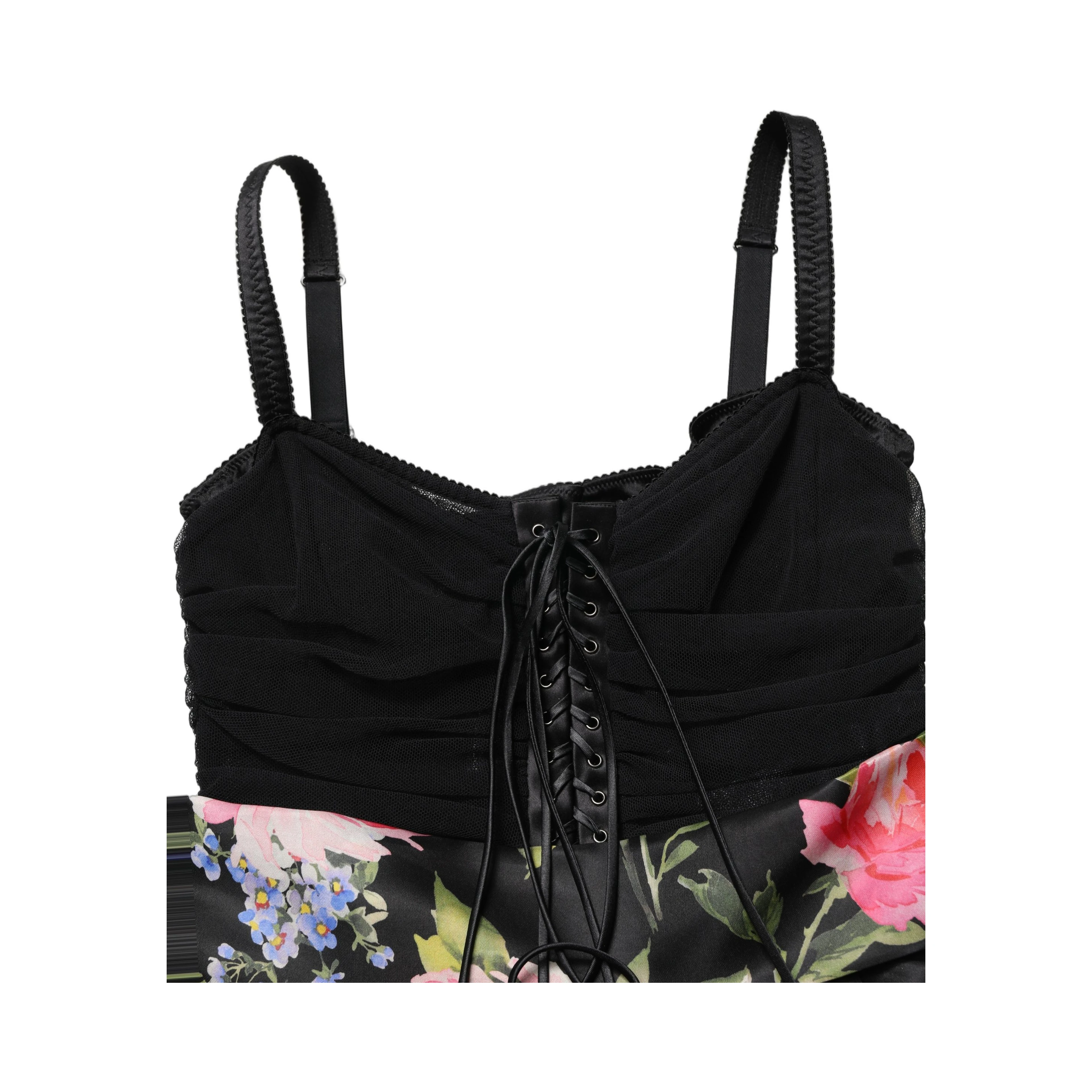 Black Sleeveless Bustier Floral Print Tiered Dress