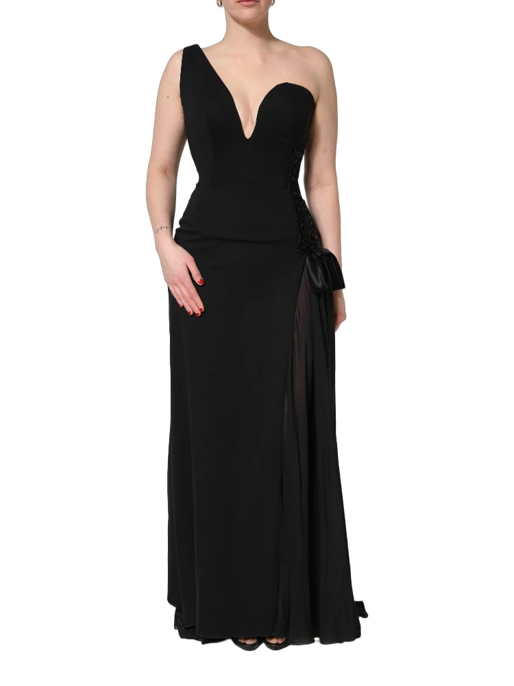 Black One Shoulder Neckline Long Gown Dress