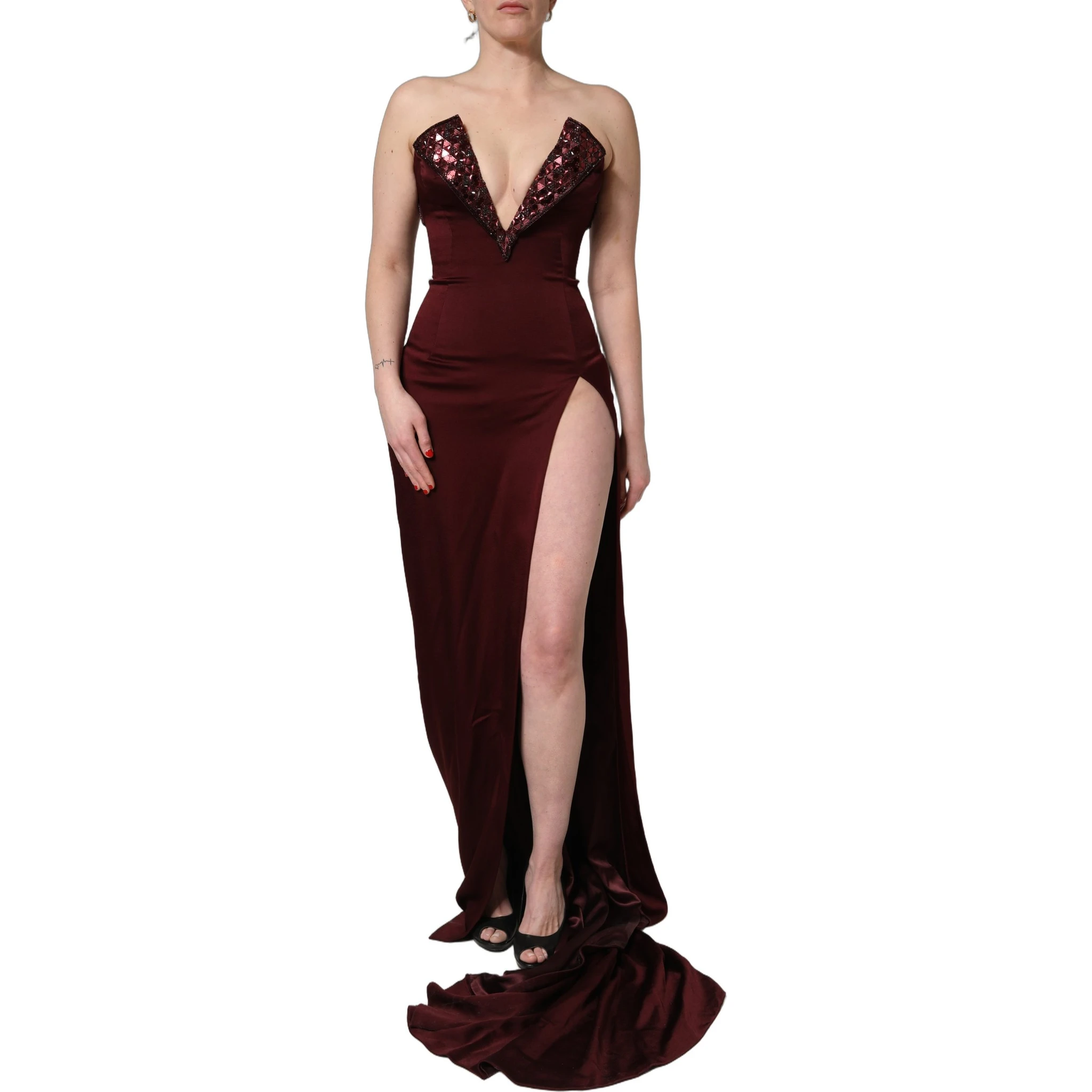 Maroon Embellished Vneck Evening Gown Dress